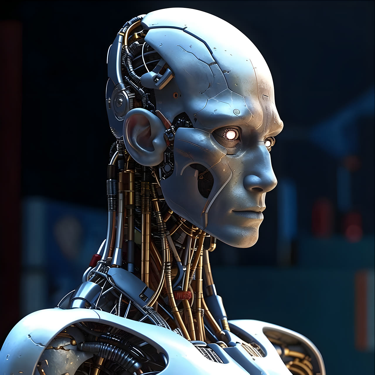 3D robotas su šviečiančiomis akimis, apjuostas amatisto spalvos juosta